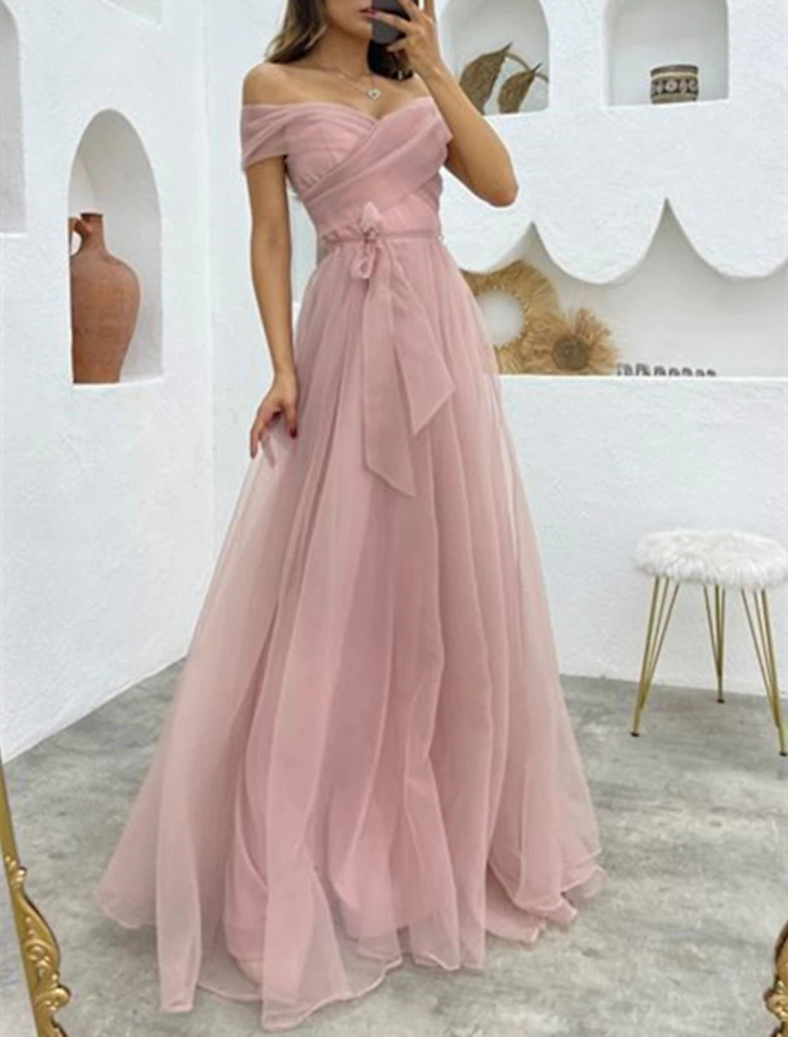 A-Line Evening Gown 1950s Dress Formal Wedding Reception Floor Length Sleeveless Off Shoulder Organza with Strappy